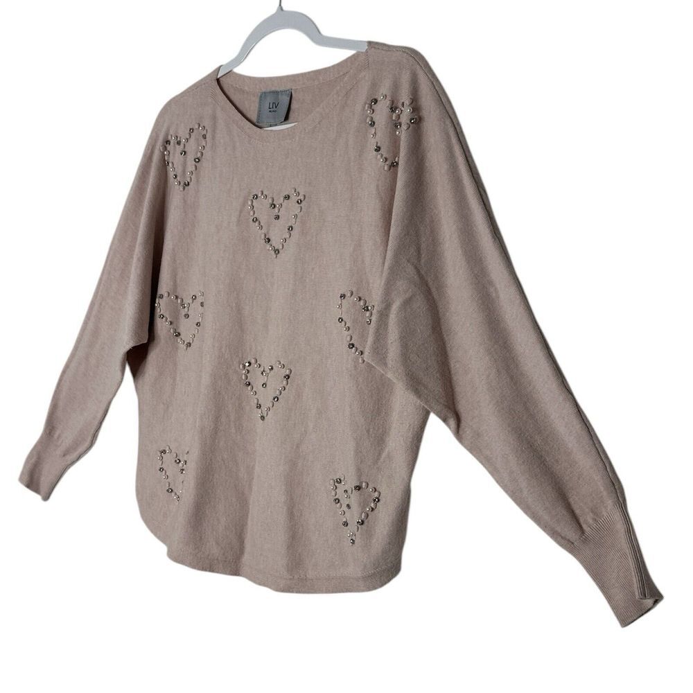 Liv Milano Top Sweater Womens Large Rhinestone Embellished Hearts Valentines Day